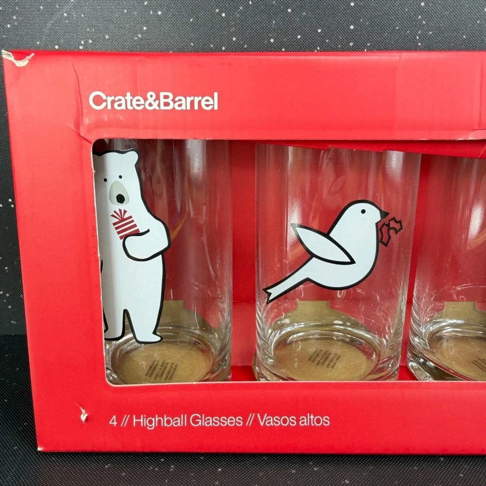 Crate & Barrel Joan Anderson Arctic Friends Highball Glasses Set 4 Holiday NEW